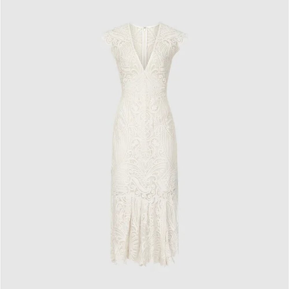 Reiss Lace Overlay Flute Hem Midi Dress